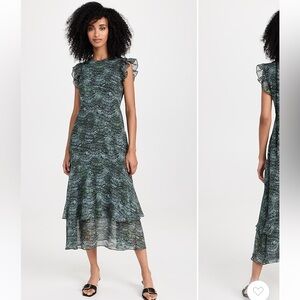 SCOTCH AND SODA NWT midi flounce dress teal green feather print maxi size 34 XS